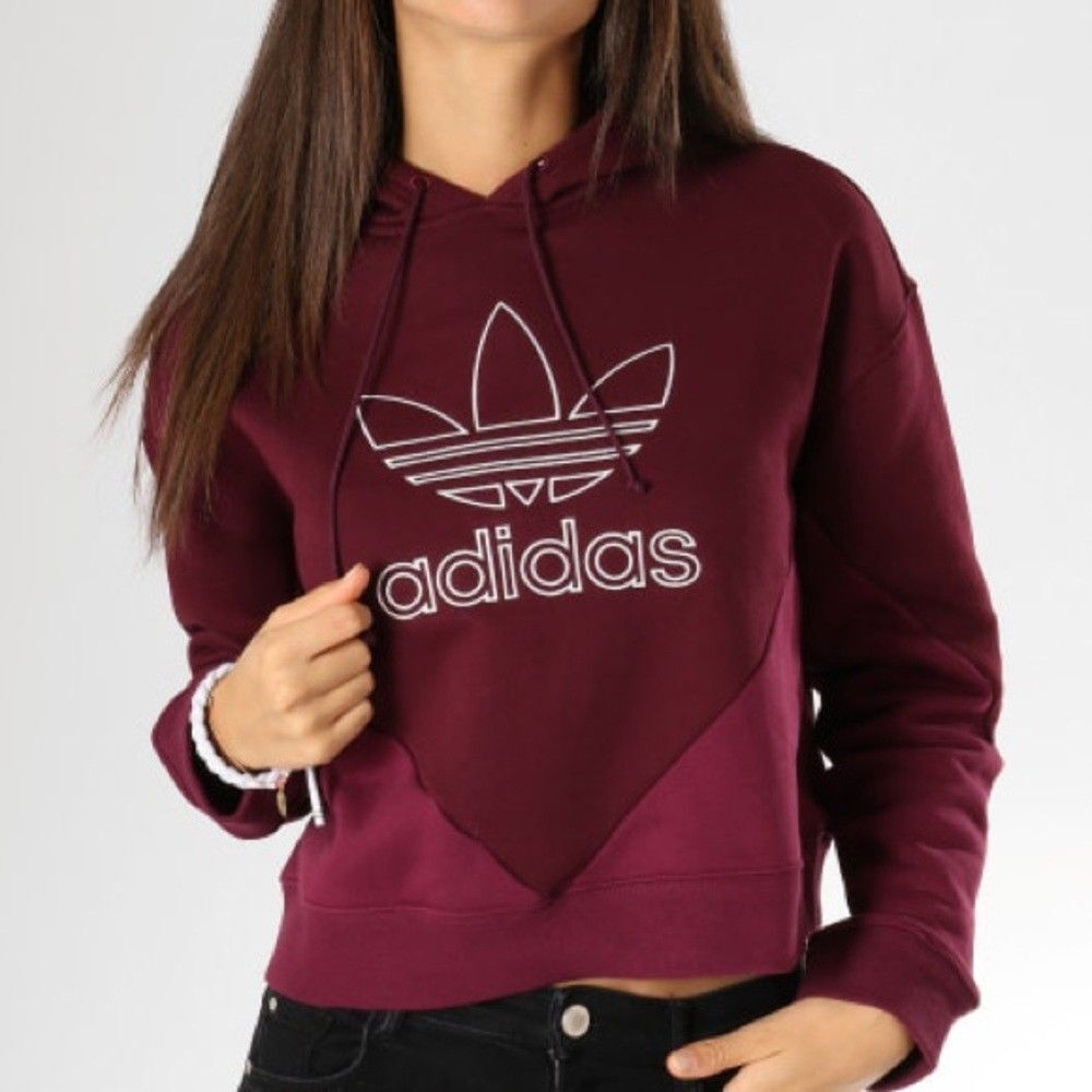 Adidas Womens M CLRDO Hoodie Maroon Cropped Trifoil Logo Fleece Sweatshirt